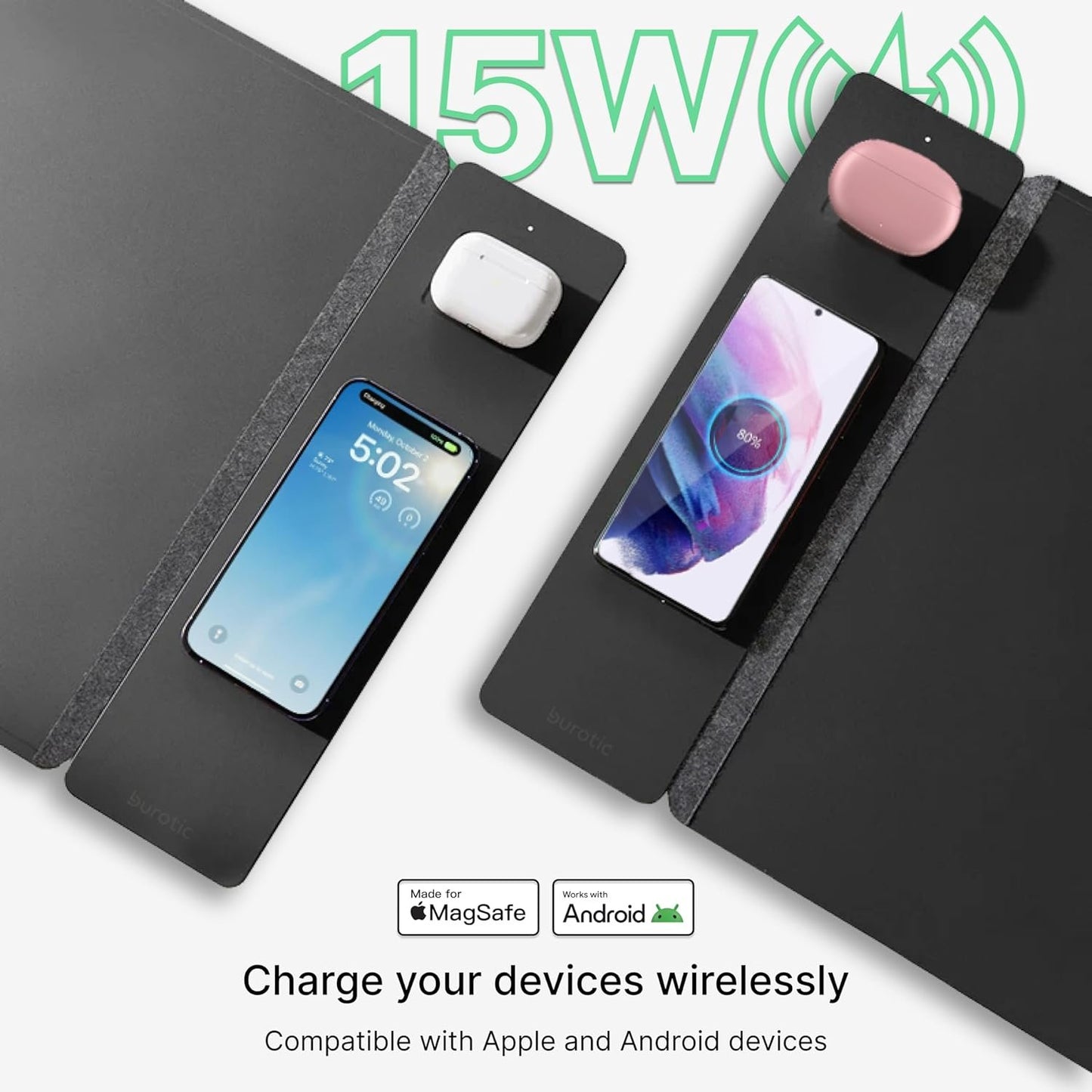 burotic Wireless Charging Desk Pad, Reversible Felt & Vegan Leather, Waterproof, Detachable Magnetic Panel - Organize, Charge 2 Devices, Apple & Android Compatible - Black