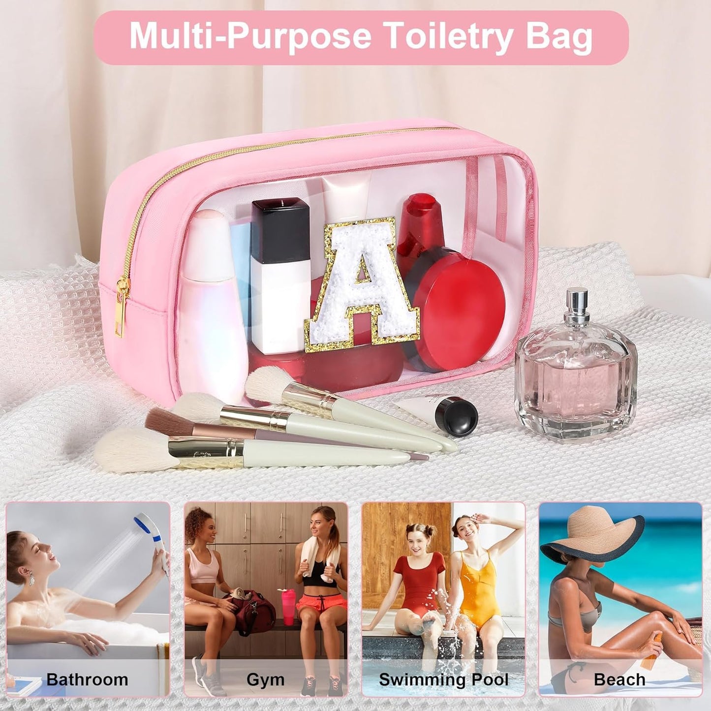 SEFORICO Initial Clear Makeup Bag - Make Up Bag Travel Toiletry Case Preppy Cosmetic Bags Organizer Gifts for Women Valentines Day Brithday Gift Mom Girl Gifts Clear Toiletry Bag (Pink A)