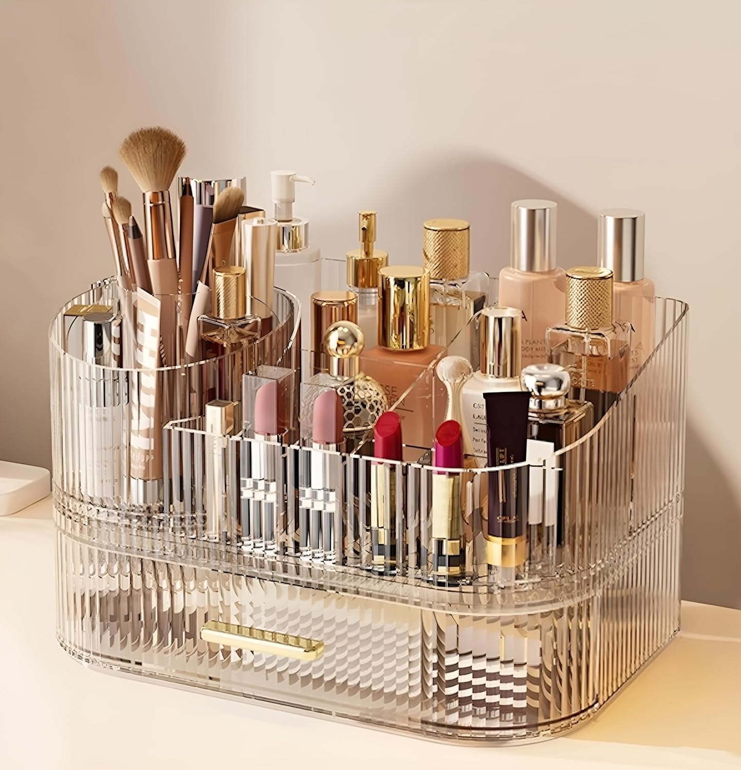 SpaceLuxe Makeup Organizer with Drawers and 360° Rotating Brush Holder, Large Capacity Cosmetic Storage for Vanity, Skincare, Perfume, Hair Accessories, Lipstick & Jewelry (Clear, 2-layer)