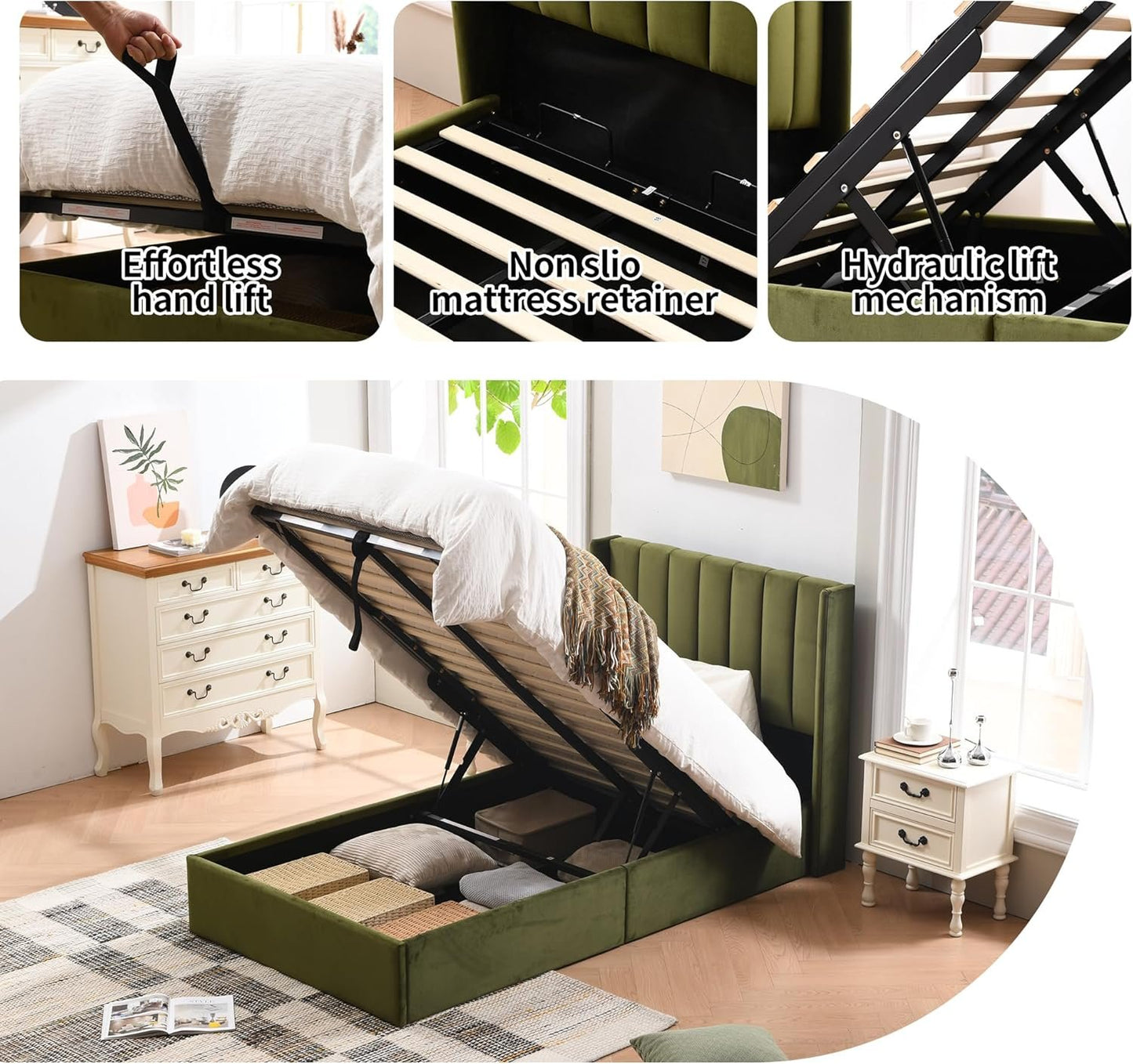 YUHUASHI Twin Size Hydraulic Storage Bed, Upholstered Platform Bed Frame, Modern Wingback Design Headboard, Velvet Fabric with Hydraulic Support Bars, No Box Spring Required (Grass Green, Twin)