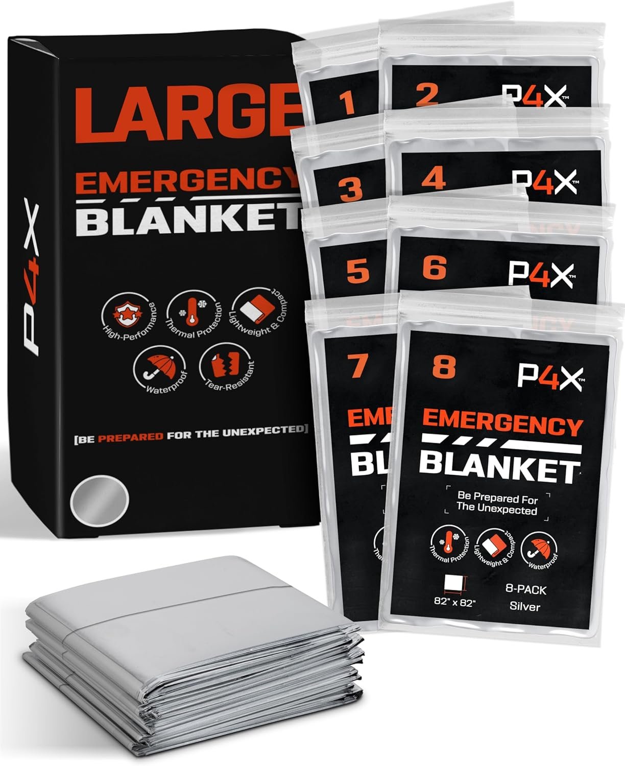 PREPARED4X 8-Pack Large Mylar Emergency Blanket - Mylar Blankets Survival Thick Reusable - Waterproof, Rip, and Tear Resistant Survivalist Gear - Emergency Thermal Blanket for Outdoors 82"x82"