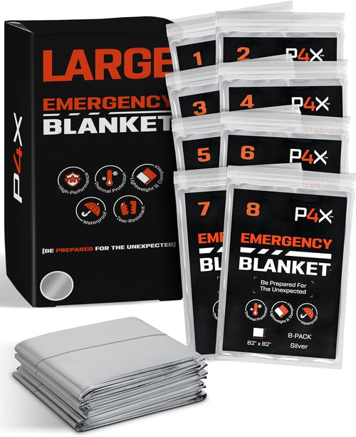 PREPARED4X 8-Pack Large Mylar Emergency Blanket - Mylar Blankets Survival Thick Reusable - Waterproof, Rip, and Tear Resistant Survivalist Gear - Emergency Thermal Blanket for Outdoors 82"x82"