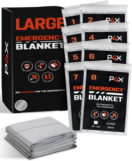 PREPARED4X 8-Pack Large Mylar Emergency Blanket - Mylar Blankets Survival Thick Reusable - Waterproof, Rip, and Tear Resistant Survivalist Gear - Emergency Thermal Blanket for Outdoors 82"x82"