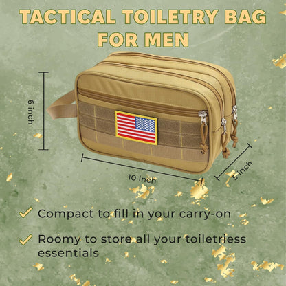 Tactical Toiletry Bag for Men Brown Polyester Travel Organizer Water-Resistant Dopp Kit with Compartments Durable Compact Shaving Bag with Large Capacity for Camping Military and Outdoor Use, Brown