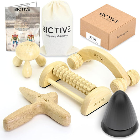 BICTIVE Wooden Massager Kit and Trigger Point. Foot Massage, Foot Reflexology, Cellulite Massage Roller, Body, Legs, Manual Massage Stick Massage Stick Foot Massage Roller