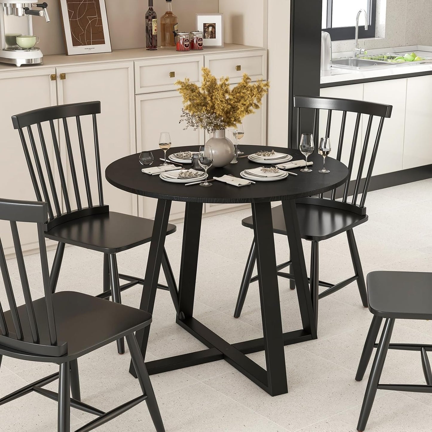 COSTWAY Round Dining Table, Kitchen Table for 4 People with Rubber Wood Frame, Pedestal Base, Farmhouse Rustic Dinning Room Table for Living Room Restaurant Breakfast Nook, Black
