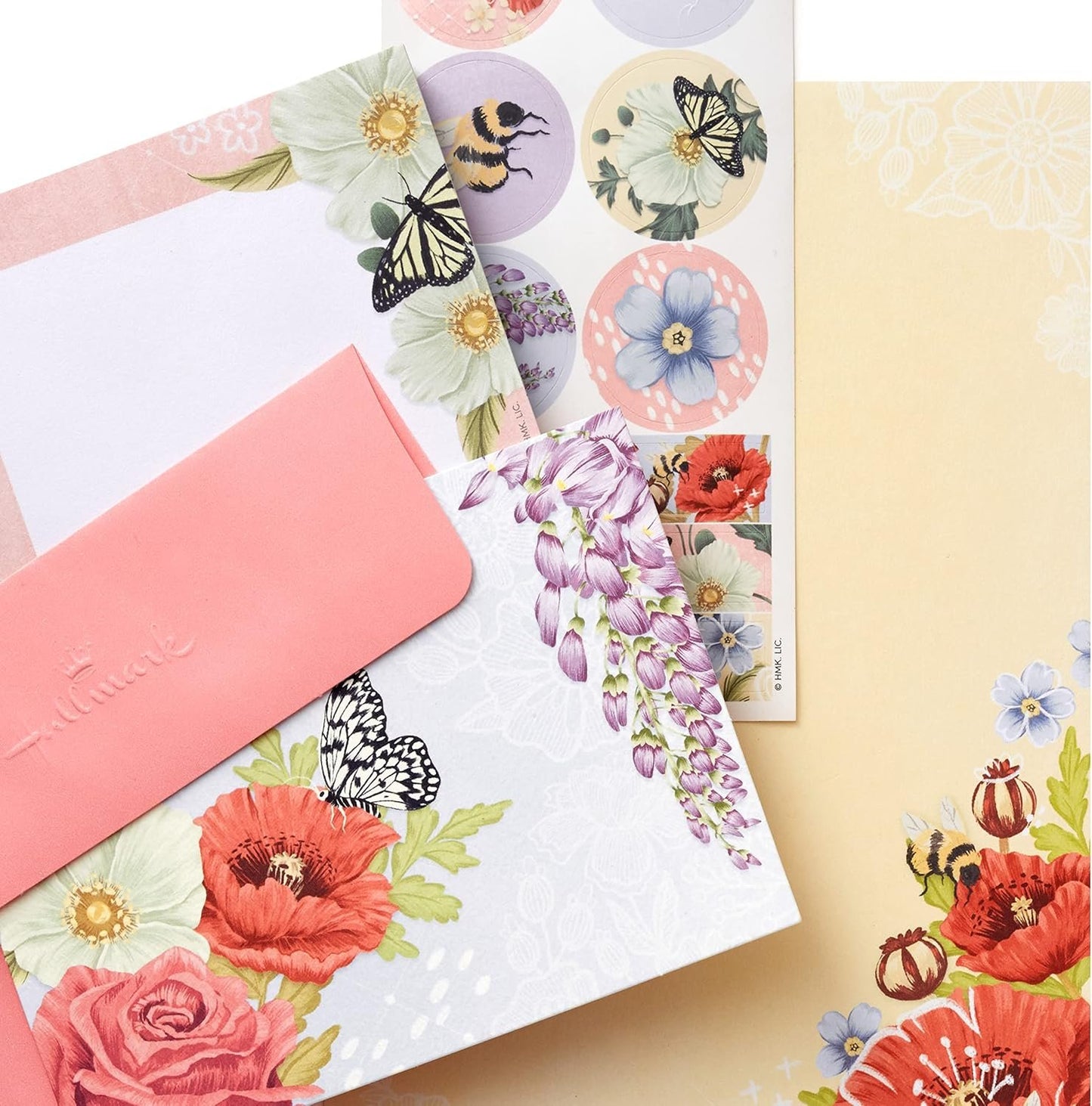 Hallmark Stationery Set with Desk Organizer, Light Pink (10 Blank Cards with Envelopes, 20 Writing Sheets with Envelopes, 75-Sheet Notepad, 30 Sticker Seals)