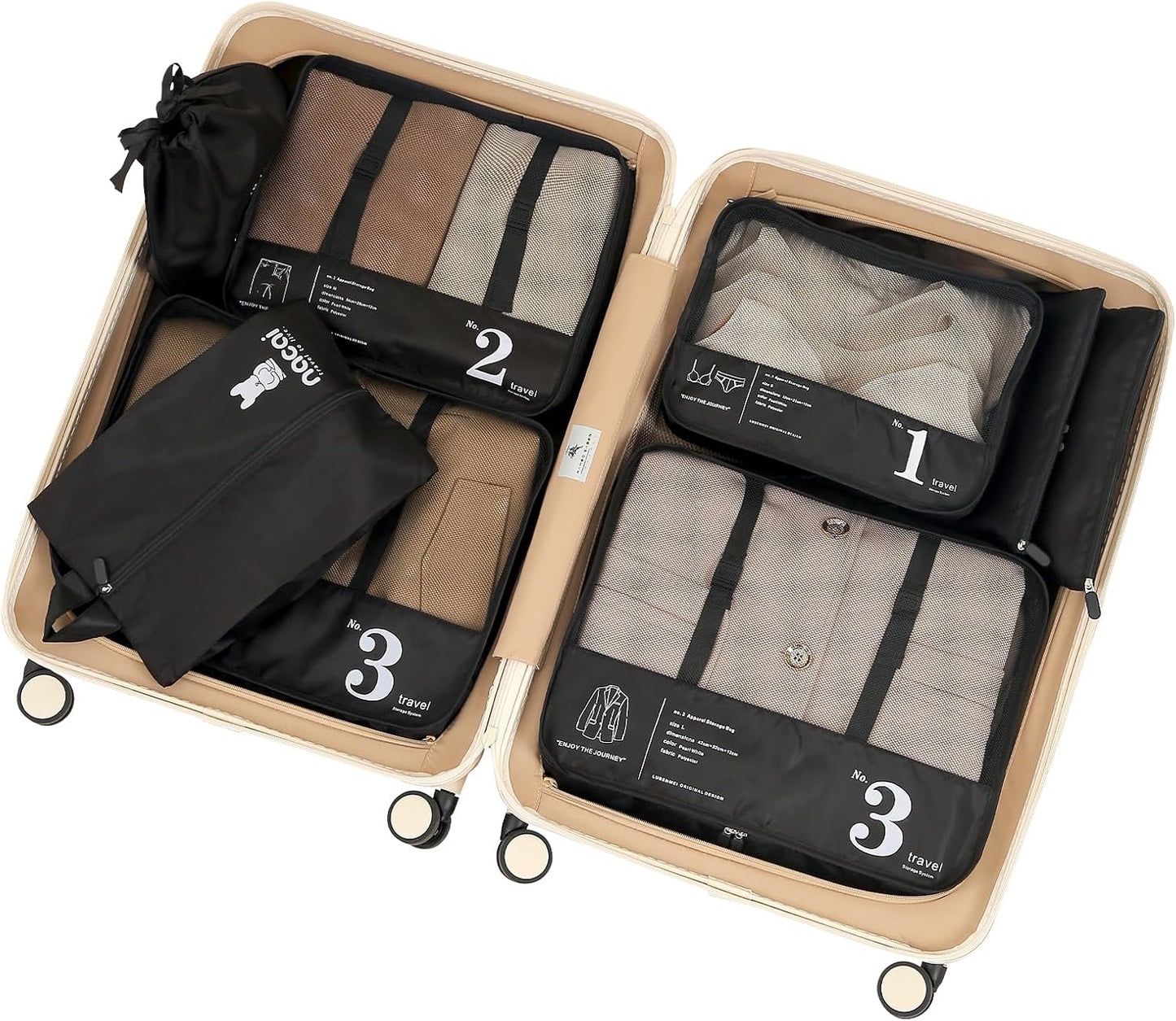 Lammcou Set of 8 Travel Cube System, Travel Organizer Packing Cubes, Clothing Underwear Footwear Organizers Sacks Storage Case (Black)