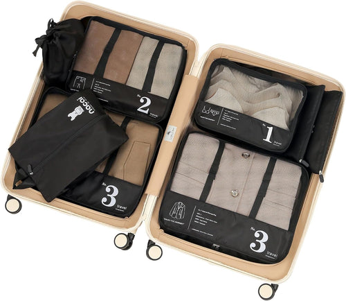 Lammcou Set of 8 Travel Cube System, Travel Organizer Packing Cubes, Clothing Underwear Footwear Organizers Sacks Storage Case (Black)