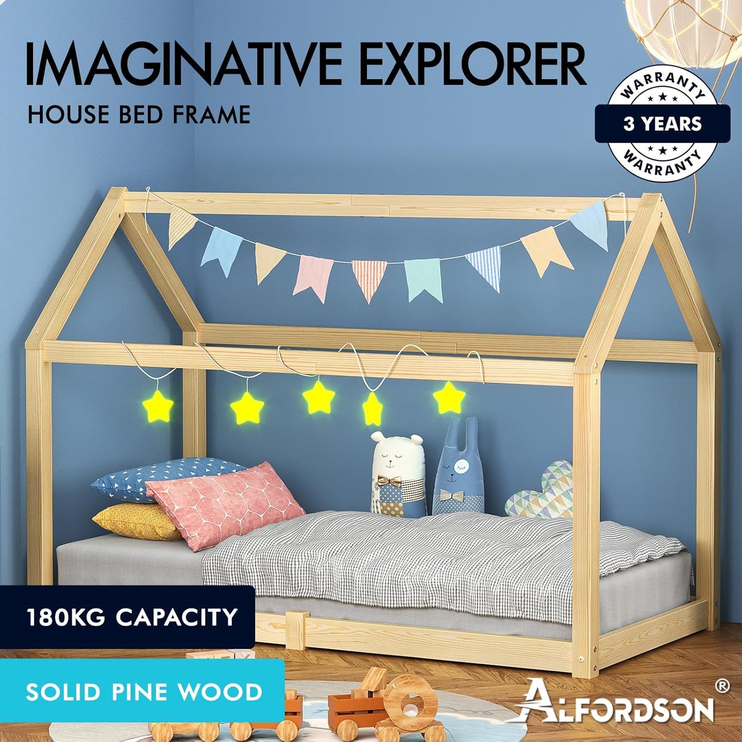 ALFORDSON Oak Kids Bed Frame w/o Guard Rail, Solid Pine Wood Bed Base Foundation Children's Beds, Wooden Timber House Frame Single Mattress Base Platform, Rocco Series Bedroom Furniture