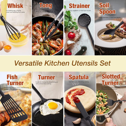 TJ POP Kitchen Utensils Set of 11 Pcs, Non-Stick Cooking Utensils Set 410°F Heat Resistant, BPA-Free Nylon Utensil Set, Kitchen Gadgets Accessories Tools for Cookware (Black)