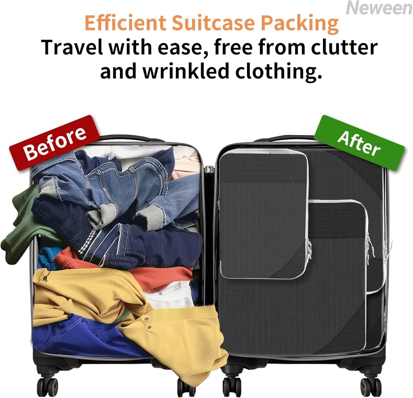 Neween Compression Packing Cubes for Carry On Suitcases, 6 Set Extensible Compression Packing Cubes for Travel Compression Bags for Packing Organisers Expandable Travel Suitcase Accessories (Black)