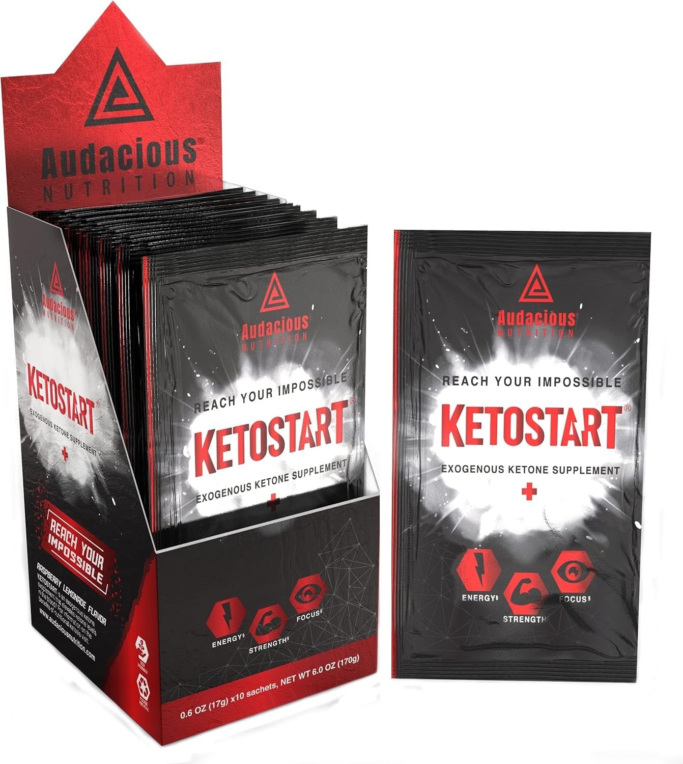 Audacious Nutrition KetoStart+ | Exogenous Ketones Powder with Electrolytes for Energy, Strength & Focus | Caffeinated | Raspberry Lemonade Flavored Electrolyte Powder (10 pa