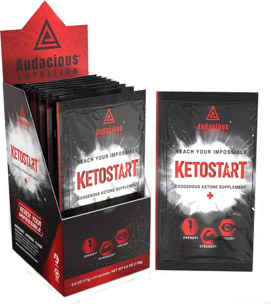 Audacious Nutrition KetoStart+ | Exogenous Ketones Powder with Electrolytes for Energy, Strength & Focus | Caffeinated | Raspberry Lemonade Flavored Electrolyte Powder (10 pa