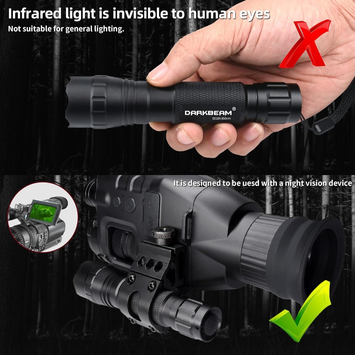 DARKBEAM ir Flashlight Infrared 850nm Light LED Rechargeable Mini for Night Vision, Tactical ir Illuminator with Long Range & High Power, Focus Adjustable for Hunting, Observation, Search