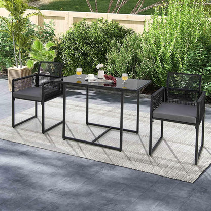 Costway 3 Pieces Outdoor Dining Set, Patio PE Rattan Furniture Set w/Folding Backrest, Cozy Seat Cushions, Tempered Glass Tabletop, Space-Saving Rattan Chair Table Set for Backyard, Poolside