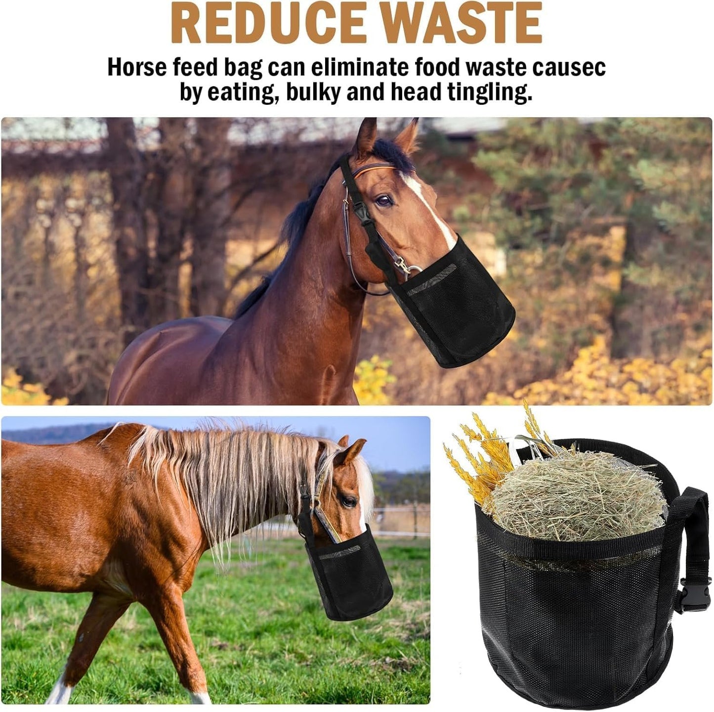Comfort Breathable Horse Feed Bag, Mesh Feed Bucket, Mesh Designed Feeding Bag with Adjustable Strap and Waterproof Bottom, Horse Feeder Bag Storage, for Horse Feeding Supplies Muzzle Feed (2 Black)