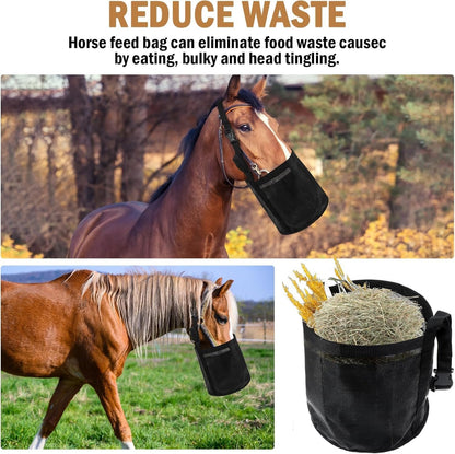 Comfort Breathable Horse Feed Bag, Mesh Feed Bucket, Mesh Designed Feeding Bag with Adjustable Strap and Waterproof Bottom, Horse Feeder Bag Storage, for Horse Feeding Supplies Muzzle Feed (2 Black)