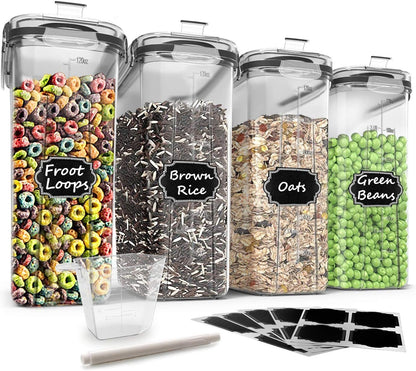 Wildone Food Storage Containers, Airtight Cereal Storage Containers for Sugar, Flour, Snack, Baking Supplies, Leak-proof with Black Locking Lids - Set of 4 (4L /135.3oz)