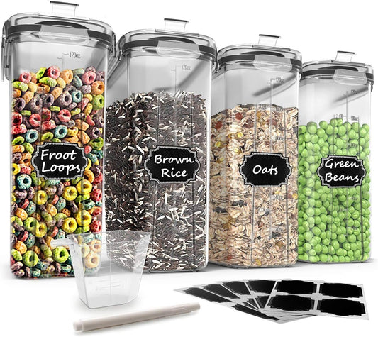 Wildone Food Storage Containers, Airtight Cereal Storage Containers for Sugar, Flour, Snack, Baking Supplies, Leak-proof with Black Locking Lids - Set of 4 (4L /135.3oz)
