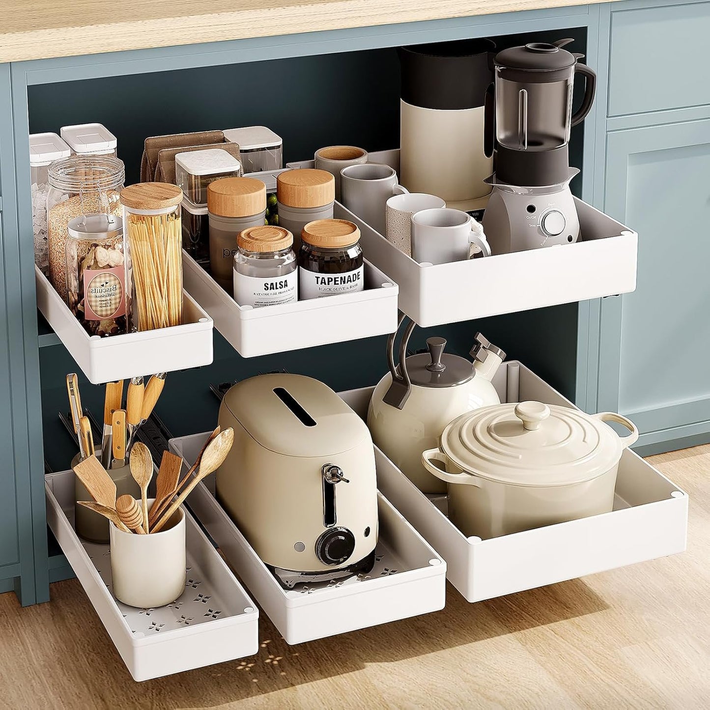 SOLEDI 3 Pack Pull Out Cabinet Organizer, Pull Out Drawers for Kitchen Cabinets, No Punch for Cupboard, Bathroom Cabinet Organizer, Pantry, Slide Out Drawers Shelf Storage (Cream White,3 Sizes)