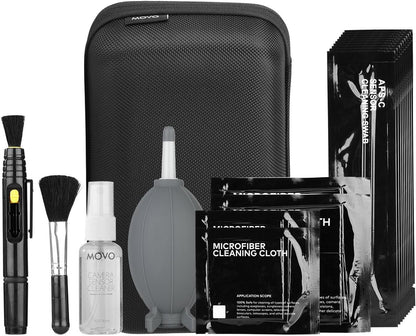 Movo Deluxe Essentials DSLR Camera Cleaning Kit with 10 APS-C Cleaning Swabs, Sensor Cleaning Fluid, Rocket Air Blower, Lens Pen, Soft Brush, 2X Small & 2X Large Microfiber Cloths & Carrying Case
