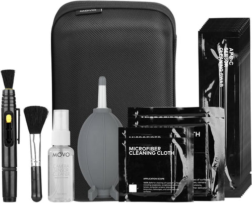 Movo Deluxe Essentials DSLR Camera Cleaning Kit with 10 APS-C Cleaning Swabs, Sensor Cleaning Fluid, Rocket Air Blower, Lens Pen, Soft Brush, 2X Small & 2X Large Microfiber Cloths & Carrying Case