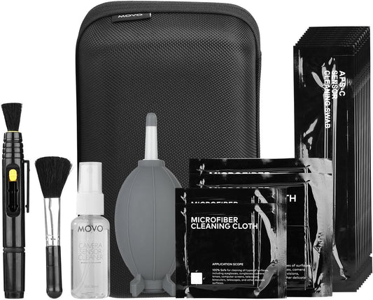 Movo Deluxe Essentials DSLR Camera Cleaning Kit with 10 APS-C Cleaning Swabs, Sensor Cleaning Fluid, Rocket Air Blower, Lens Pen, Soft Brush, 2X Small & 2X Large Microfiber Cloths & Carrying Case
