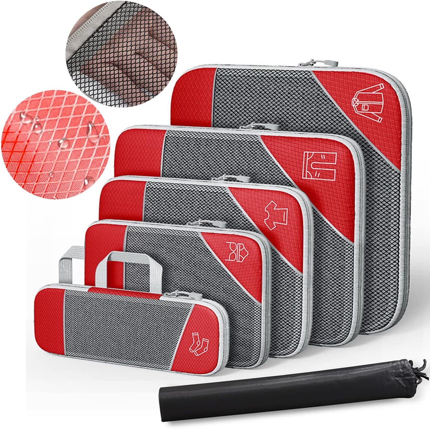 Rantuia Compression Packing Cubes, 6pcs Set, Water Proof Nylon Material, Breathable, 70% Compression, Compression Packing Cubes for Travel, Lightweight compression Packing Cubes Kit.(Red)