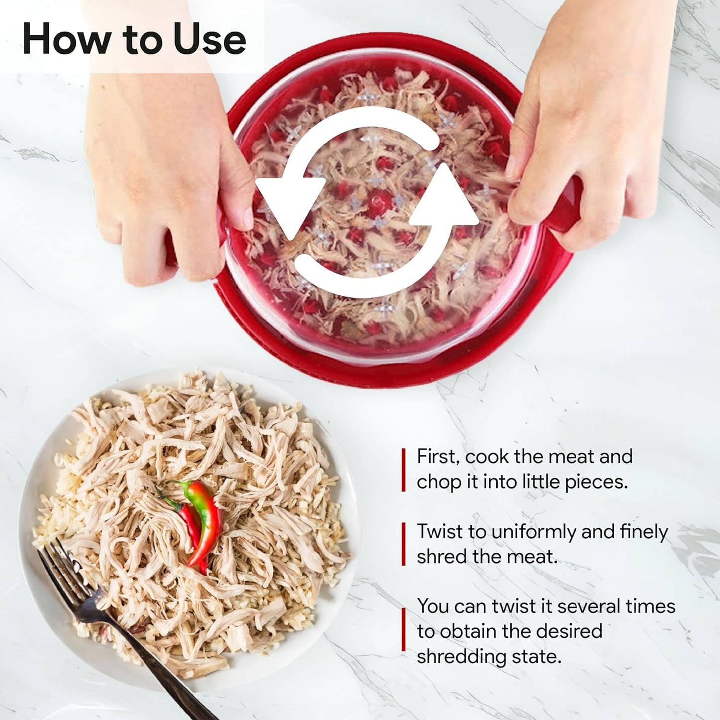 Rosecin Pro Chicken Shredder Tool Twist with Anti Slip Mat Tong and Brush, Meat Shredder, Kitchen Tools & Gadgets, Suitable for Pork Beef Chicken, Ergonomic Handle, BPA Free, Dishwasher Safe (Red)