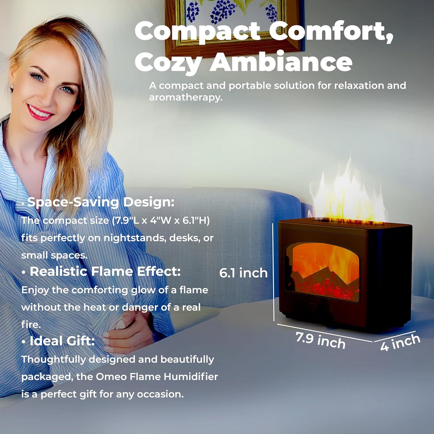 OMEO Flame Oil Diffuser, Aromatherapy Ultrasonic Cool Mist Flame Diffuser Humidifier with Timer and Waterless Auto Off for Spa, Home, Yoga, Office, Bedroom (Black), WY-FP01