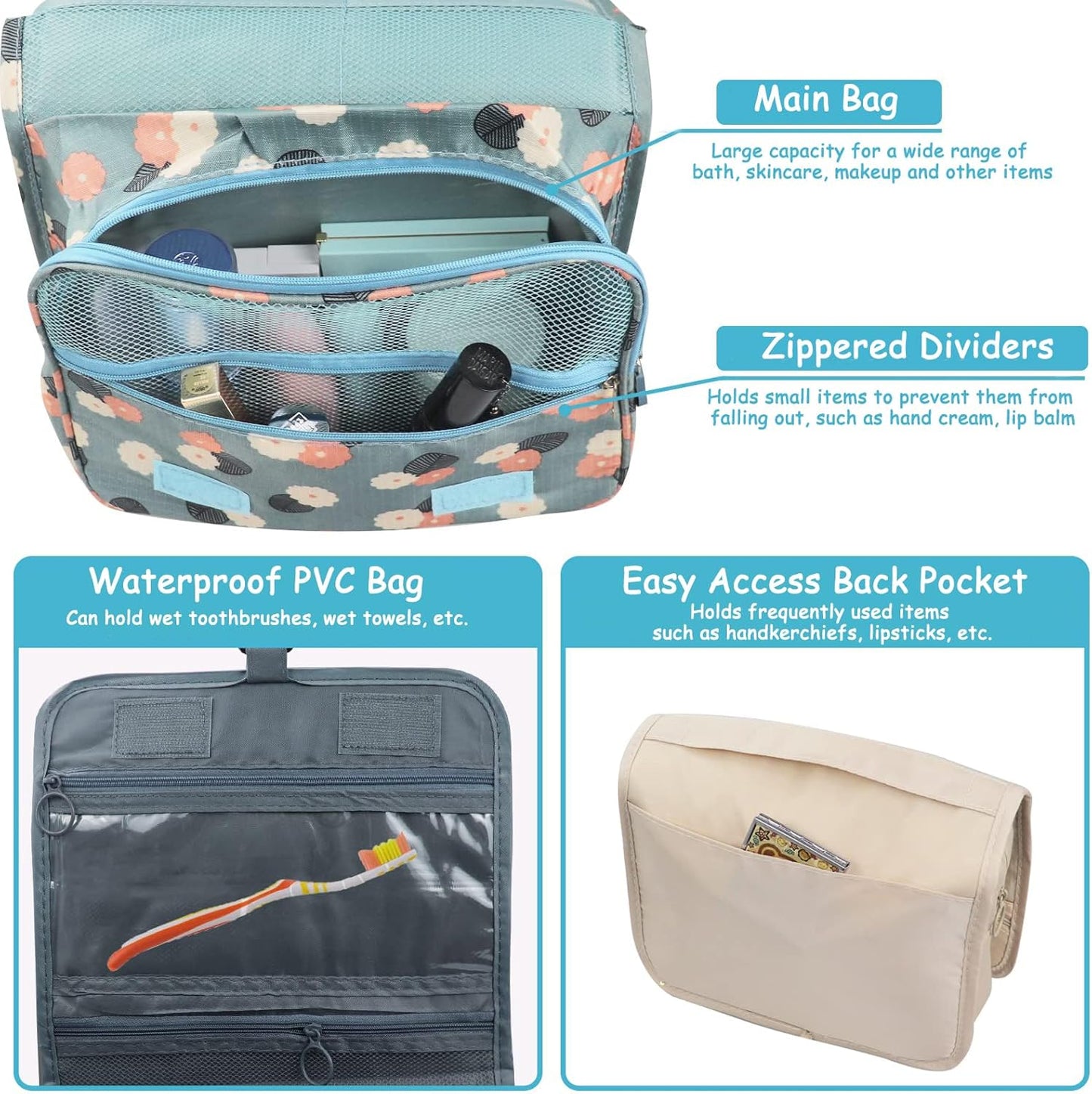 Hanging Toiletry Bag, Cosmetic Wash Bag Portable Organizer Travel Large Storage Bag, Foldable Wash Case with Carry Handle, Cute Makeup Toiletries for Adults Women Men (Blue-Flower)