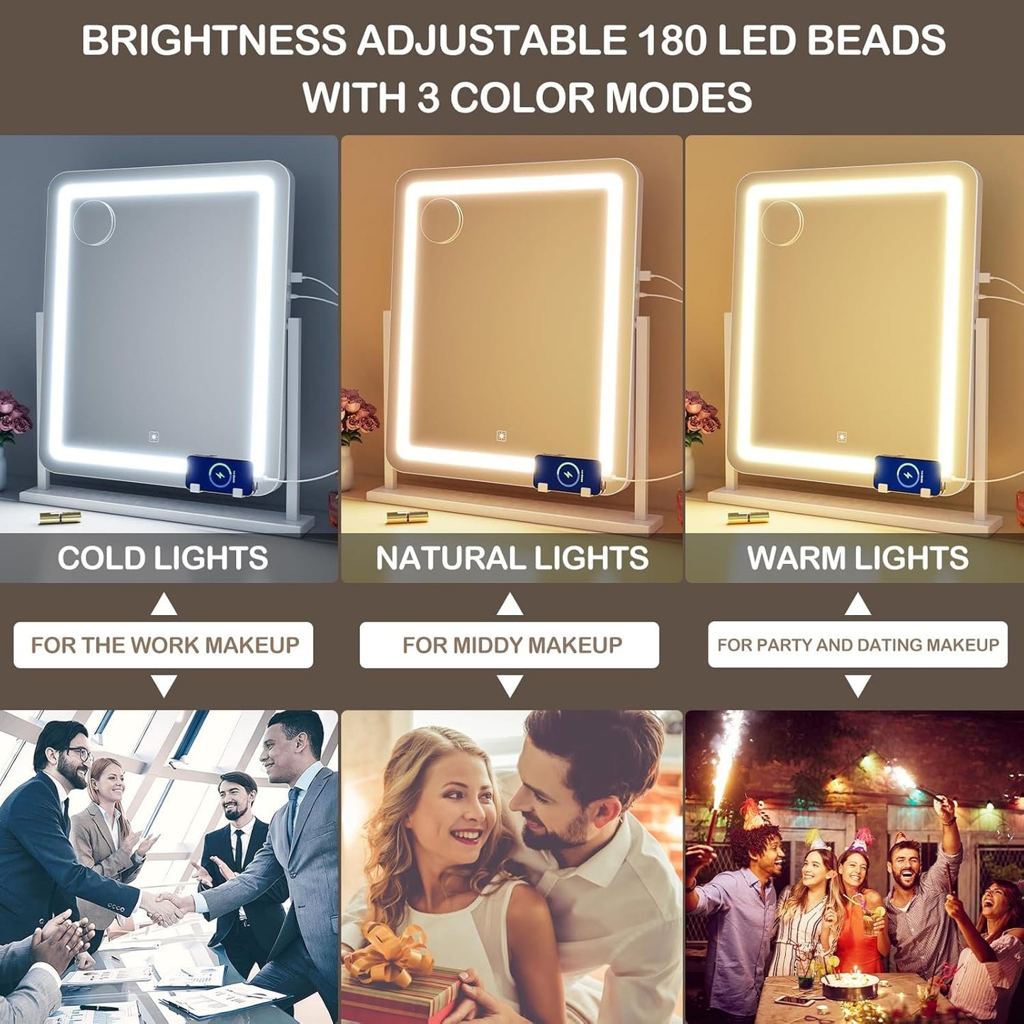 Lighted Makeup Mirror, Hollywood Vanity Mirror with Lights, Three Color Lighting Modes, and 5X Magnification Mirror, Smart Touch Control, 360°Rotation (17.2in. White)