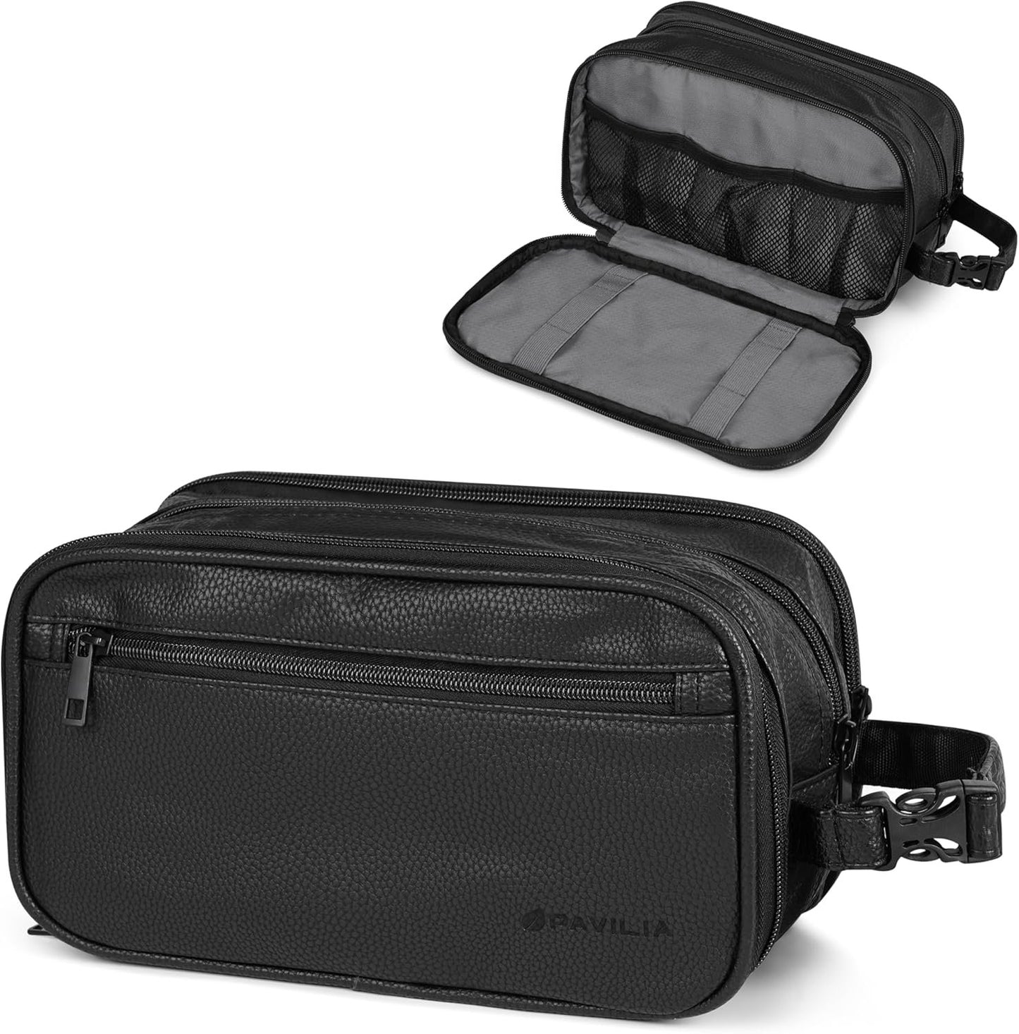 PAVILIA Toiletry Bag for Men, Travel Toiletries Bag | Water-resistant Dopp Kit, PU Leather Shaving Pouch Organizer for Accessories, Cosmetic, Hygiene, Grooming Essentials (Dark Gray), Black, Large