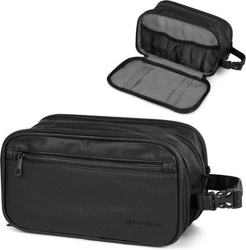 PAVILIA Toiletry Bag for Men, Travel Toiletries Bag | Water-resistant Dopp Kit, PU Leather Shaving Pouch Organizer for Accessories, Cosmetic, Hygiene, Grooming Essentials (Dark Gray), Black, Large