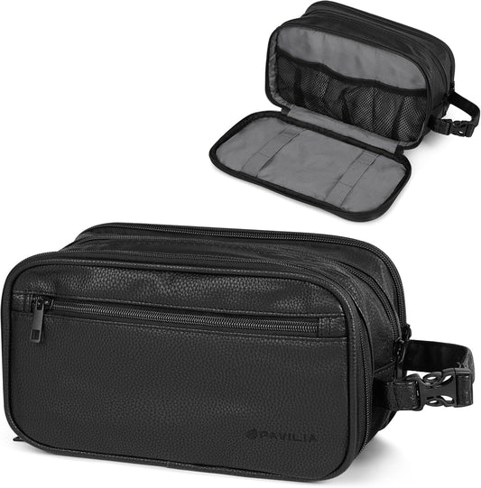 PAVILIA Toiletry Bag for Men, Travel Toiletries Bag | Water-resistant Dopp Kit, PU Leather Shaving Pouch Organizer for Accessories, Cosmetic, Hygiene, Grooming Essentials (Dark Gray), Black, Large