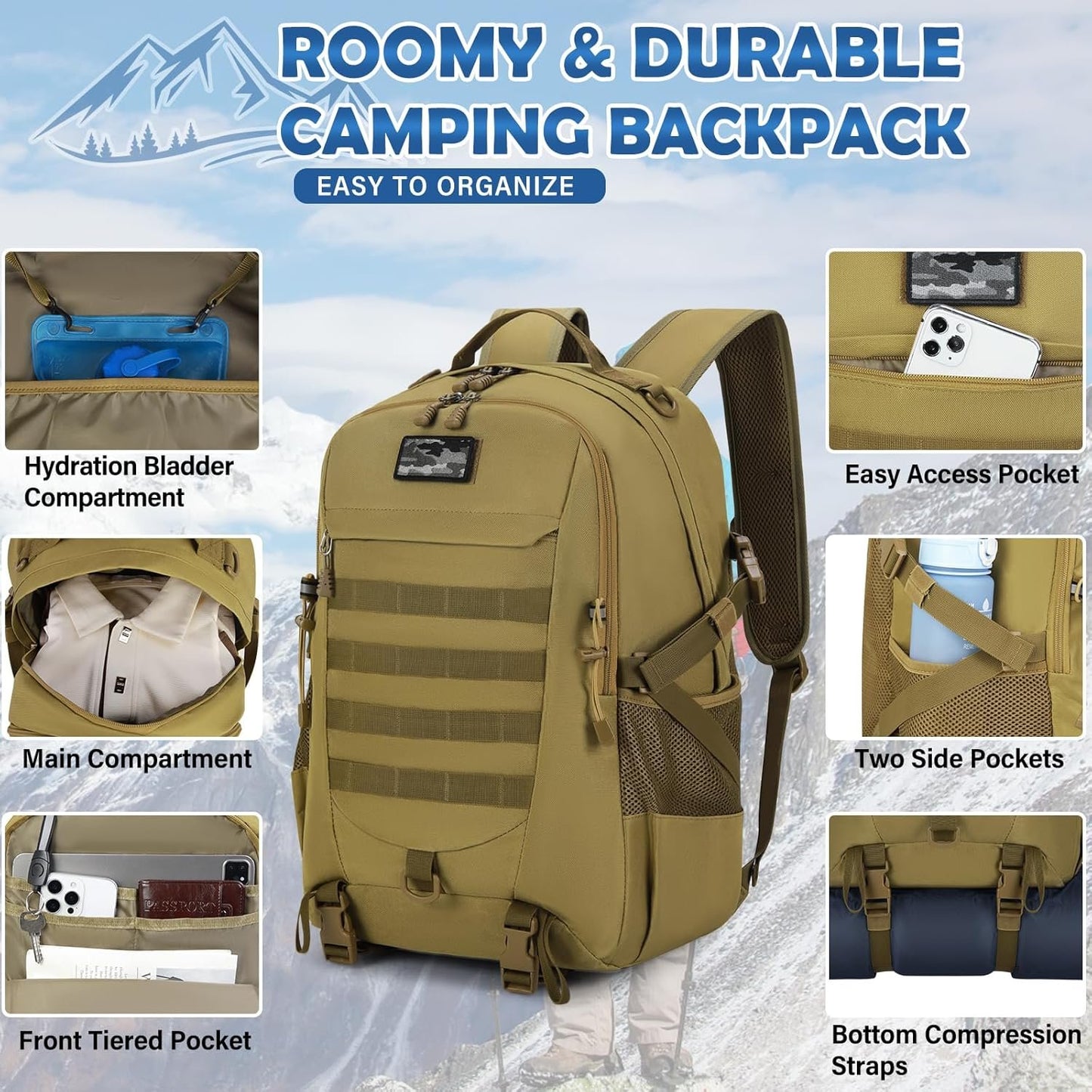 RAINSMORE Tactical Backpack 43L Hiking Camping Backpack Military Rucksack Large Army Molle Survival Backpack Outdoor Daypack