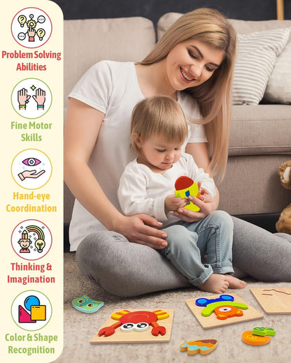 Gojmzo Wooden Puzzles for Toddlers 1-3 Toys Gifts for 1 2 3 Year Old Boys Girls, Montessori Educational Toys Preschool Learning Activities, 6 Pack Animal Jigsaw Puzzle Game