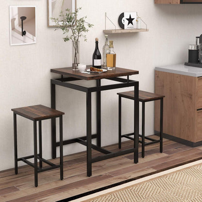 Costway 3 Pieces Bar Table Set, Square Counter Height Table with Stools, Floating Tabletop & Footrest, Industrial Pub Table Set for Small Space, Breakfast Nook, Kitchen, Rustic Brown