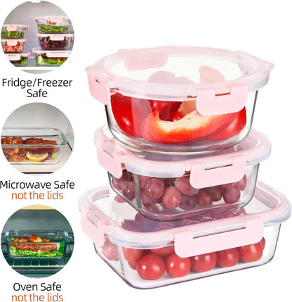 CZUMJJ Glass Meal Prep Containers Set of 12 Food Storage Containers for Lunches, Dishwasher Safe, Pink