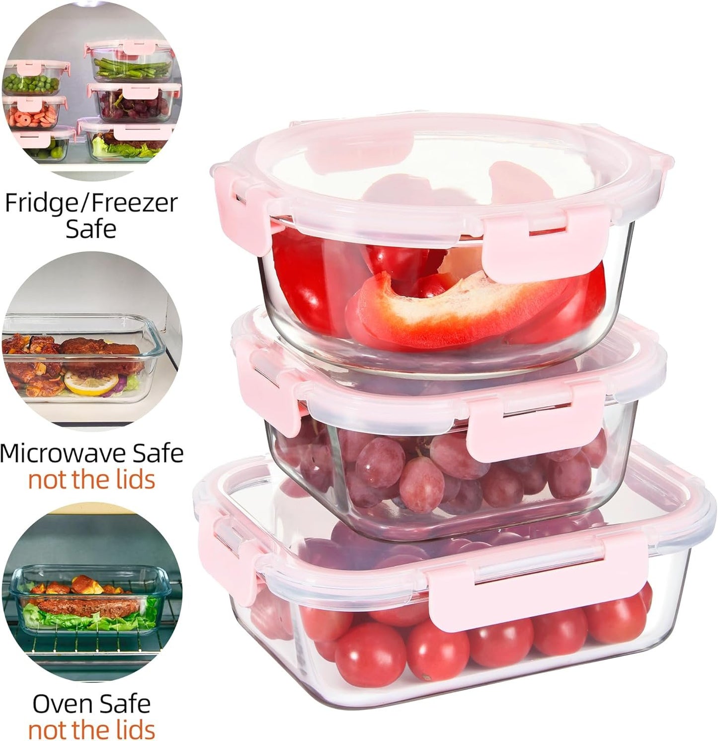 Glass Meal Prep Containers Set of 12 Food Storage Containers for Lunches, Dishwasher Safe, Pink