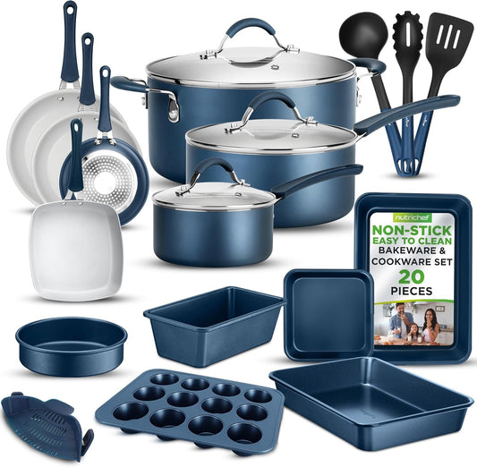 NutriChef Cookware/Bakeware 20-Piece Set includes a saucepan, frying pans, cooking pots, oven pot, lids, and utensils. Nonstick, PTFE/PFOA/PFOS-free, heat-resistant silicone handles, navy blue