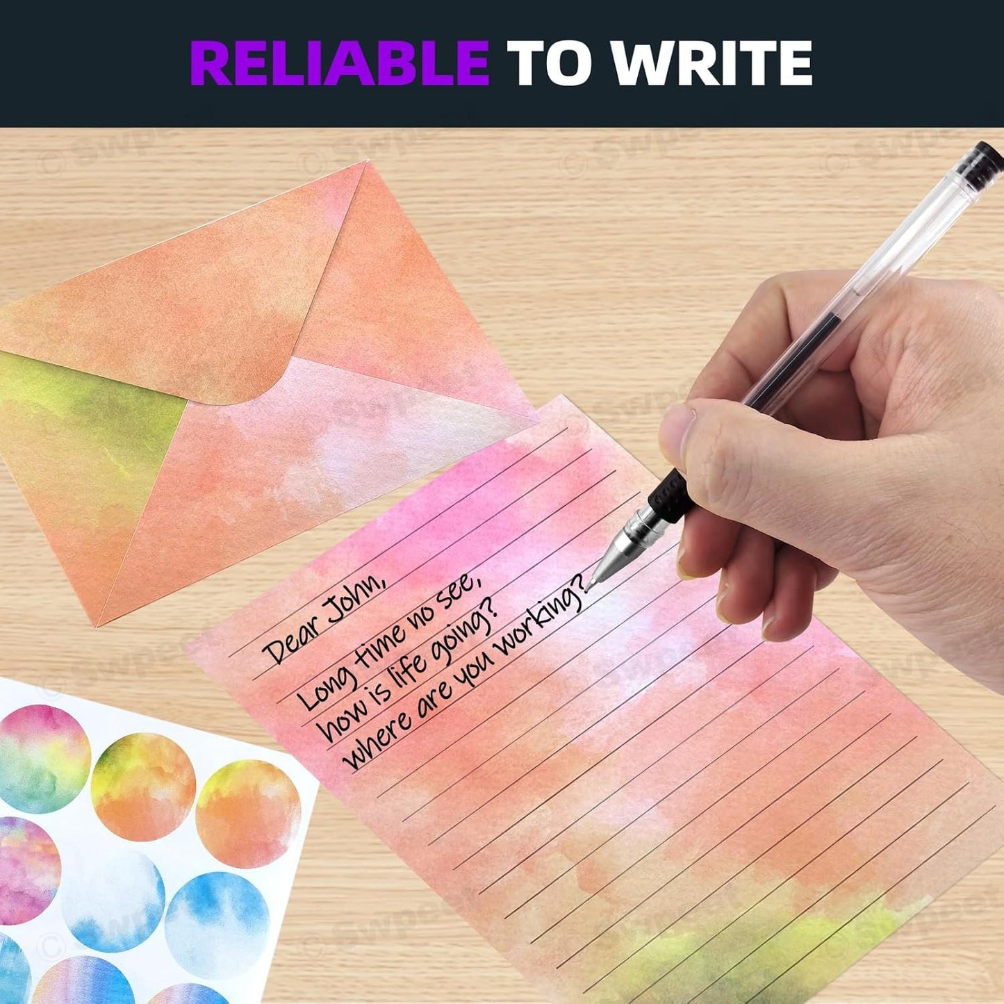 Swpeet 200Pcs 10 Designs Watercolor Stationery Set, Including 50pcs Watercolor Lined Stationery Paper, 50pcs Envelopes and 100 Stickers Ideal for Writing Poems Lyrics Wedding Invitations