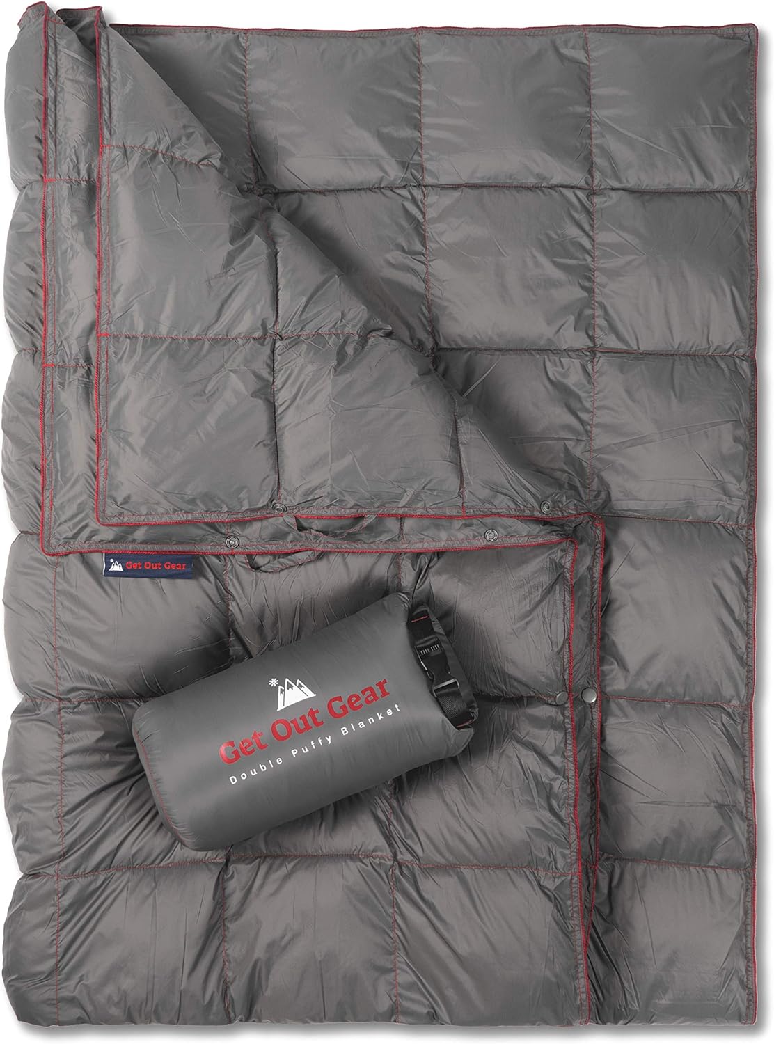 Get Out Gear Double Puffy Camping Blanket - Extra Puffy, Packable, Lightweight and Warm | Ideal for Outdoors, Travel, Stadium, Festivals, Beach, Hammock | Water-Resistant Camp Quilt (Gray/Burgundy)
