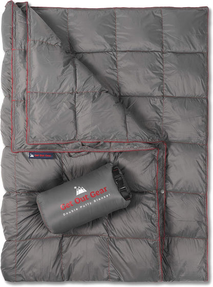 Get Out Gear Double Puffy Camping Blanket - Extra Puffy, Packable, Lightweight and Warm | Ideal for Outdoors, Travel, Stadium, Festivals, Beach, Hammock | Water-Resistant Camp Quilt (Gray/Burgundy)