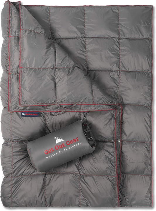 Get Out Gear Double Puffy Camping Blanket - Extra Puffy, Packable, Lightweight and Warm | Ideal for Outdoors, Travel, Stadium, Festivals, Beach, Hammock | Water-Resistant Camp Quilt (Gray/Burgundy)
