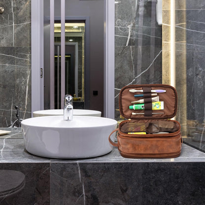 Toiletry Bag Men's PU Leather Toiletry Bag Wash Bag for Travel Toilet Bag Men Organiser Dopp Kit Cosmetic Bag, Brown