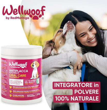 Wellfoof Dog Teeth Cleaning Supplement | Powder Supplement for Tartar Removal Dog | with Algae Ascophyllum Nodosum (75%), Moringa and Peppermint | Without Artificial Additives | 200 g