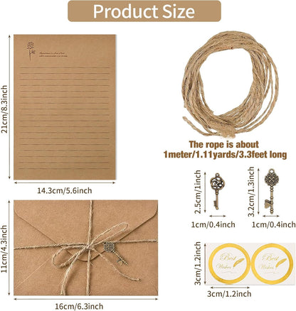 RAORAOYUE 5 Set Vintage Stationery Paper and Envelopes Set, 20 Stationary Paper 10 Kraft Envelopes 10 Sealing Sticker 10 Metal Accessories