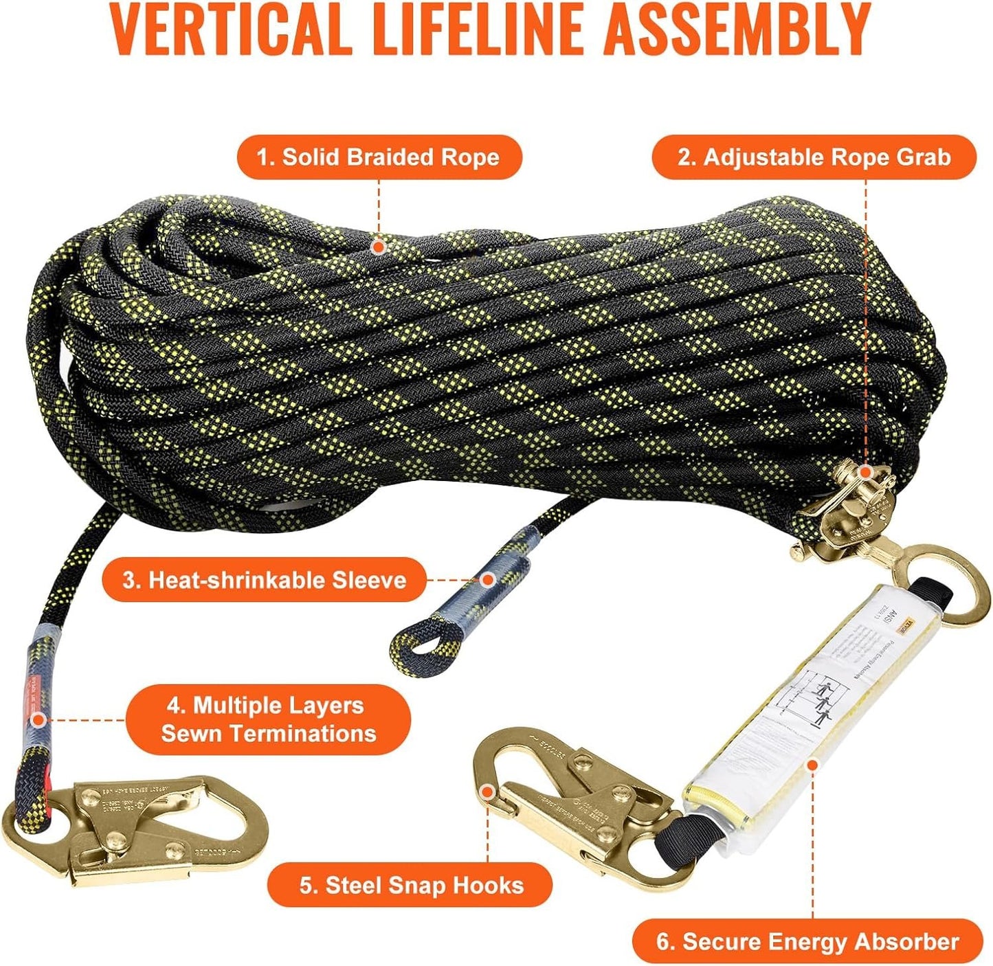 VEVOR Climbing Rope, Fall Protection Safety Rope, Vertical Tree Stand safety Rope Line Kit Safety Harness for Roofing Work with Alloy Steel Rope Grab, Two Snap Hooks, Shock Absorber